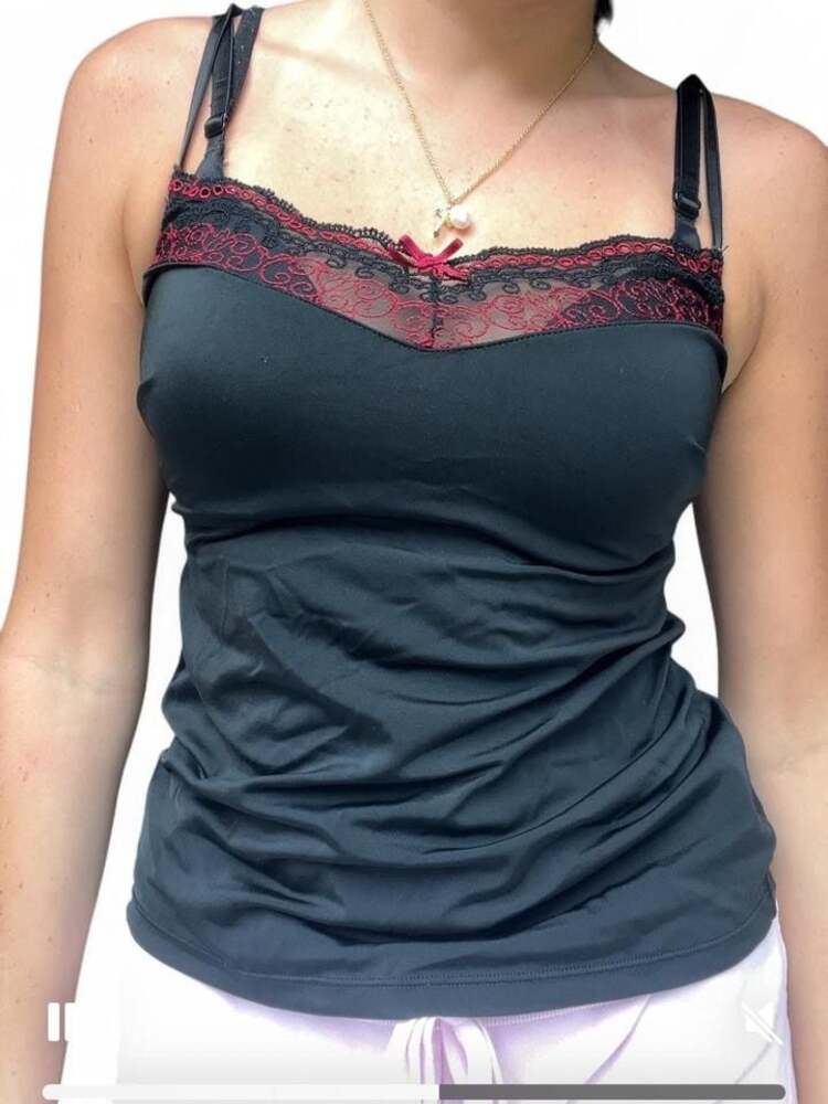 Y2K Black Camisole with Red & Black Lace Trim and Bow Detail
